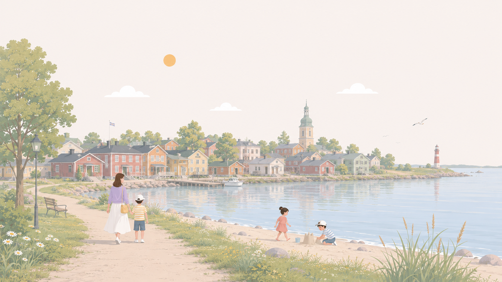 Illustration: a family out and about with their kids