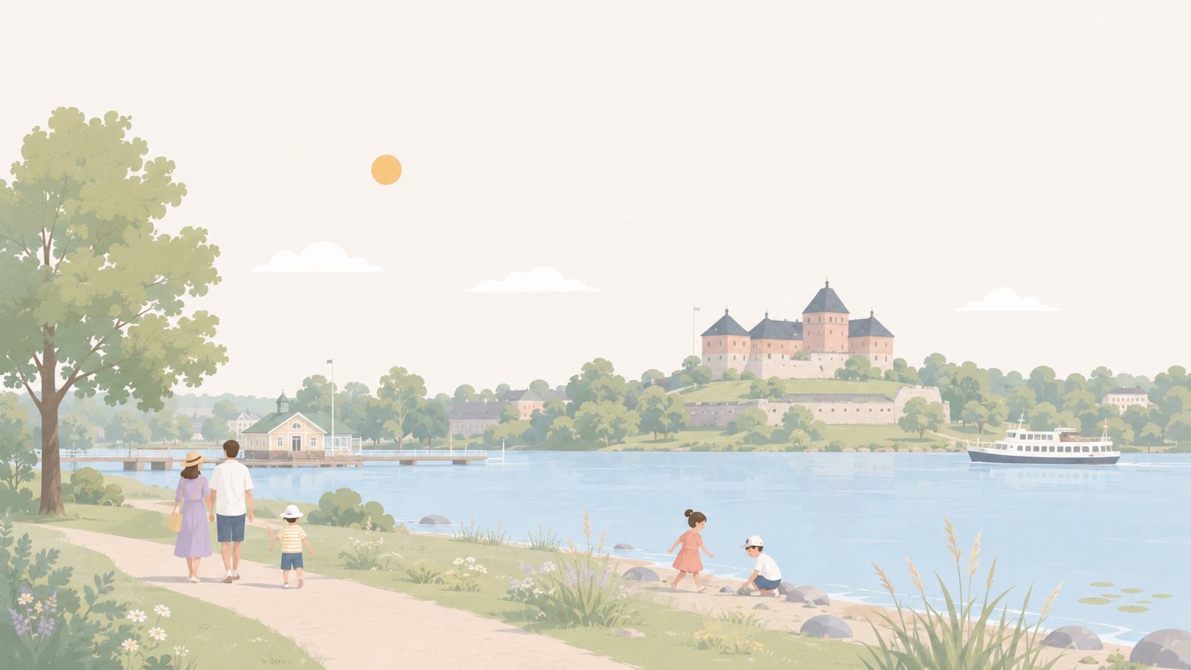 Illustration: en familj är ute med barnen