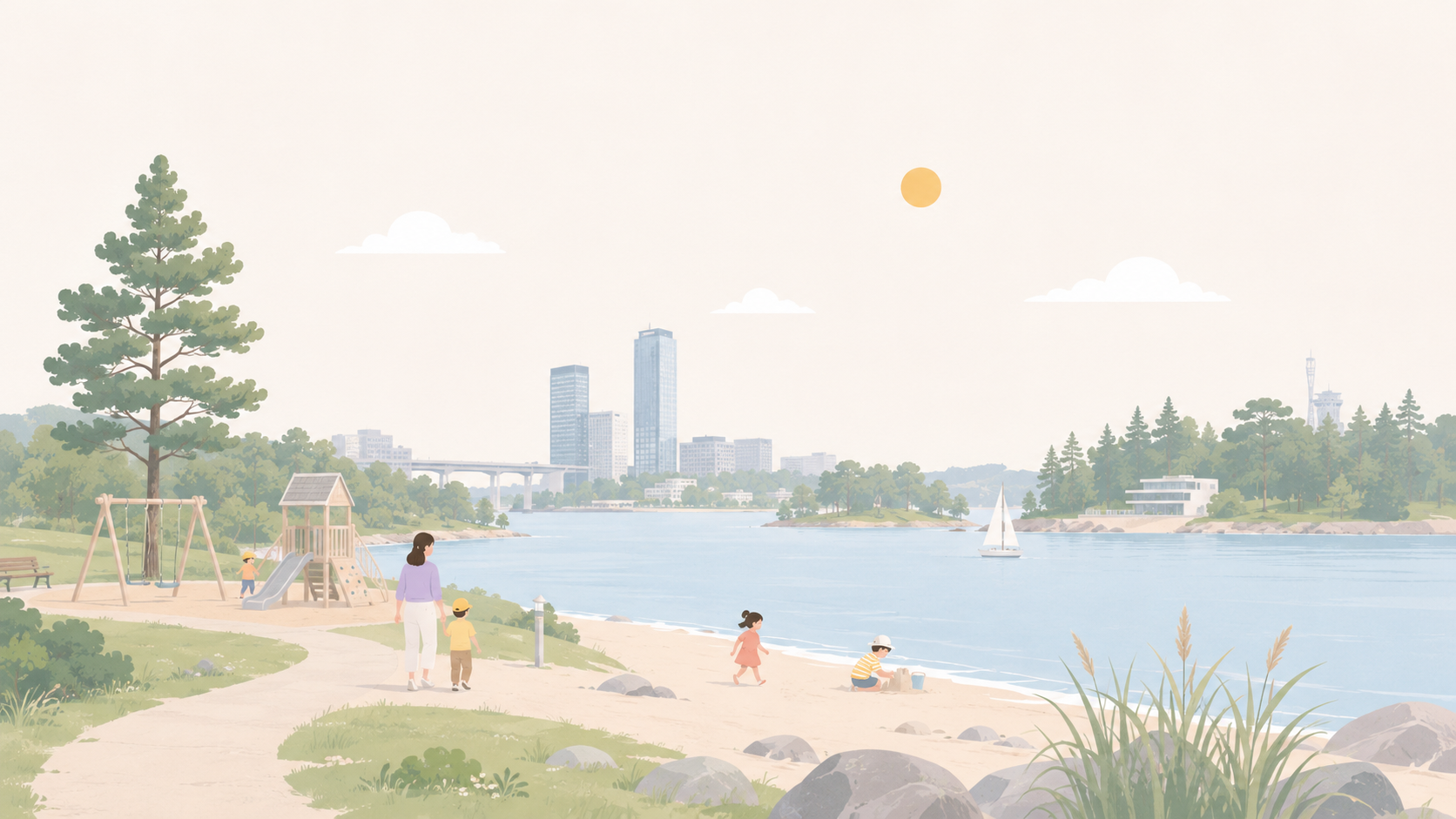 Illustration: a family out and about with their kids