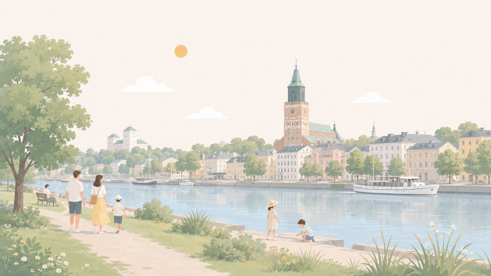 Kuvitus: perhe ulkoilee lasten kanssa