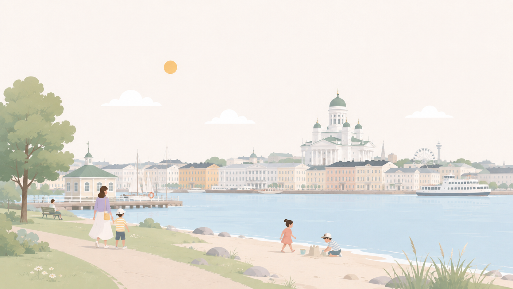 Kuvitus: perhe ulkoilee lasten kanssa