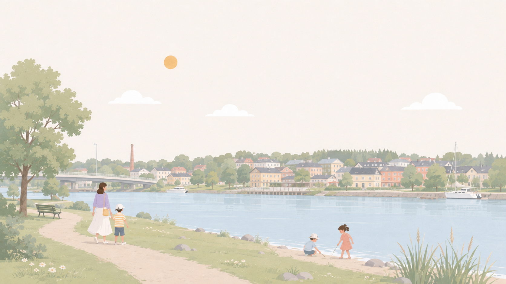 Kuvitus: perhe ulkoilee lasten kanssa