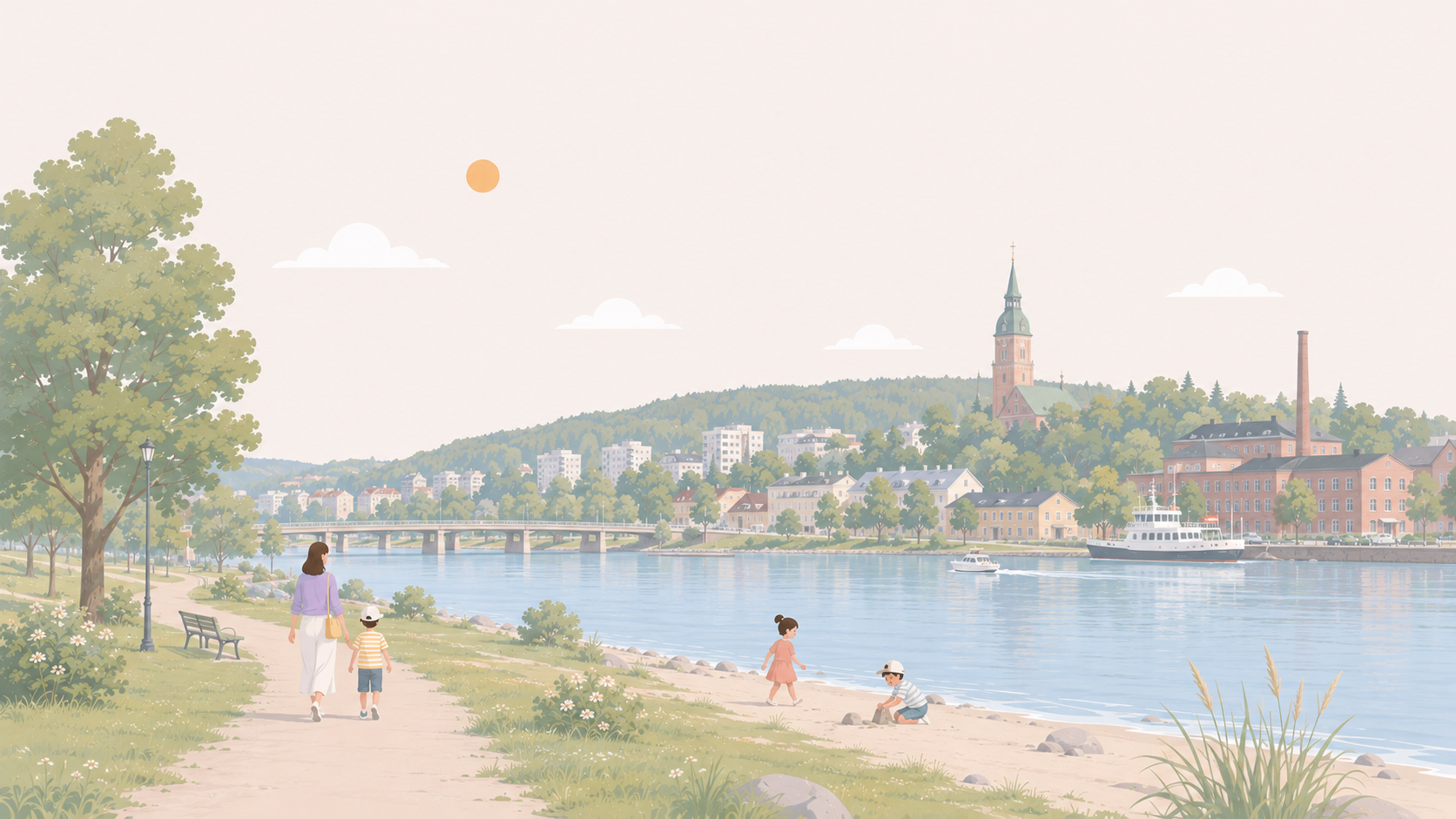 Kuvitus: perhe ulkoilee lasten kanssa